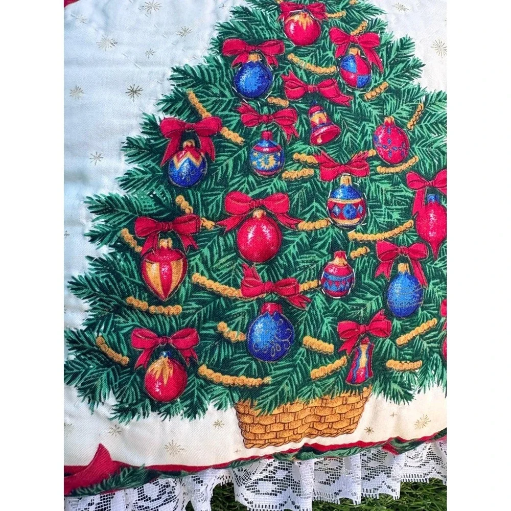 Vintage Quilted Christmas Tree Throw Pillow White Lace Ruffle Trim Holiday Decor